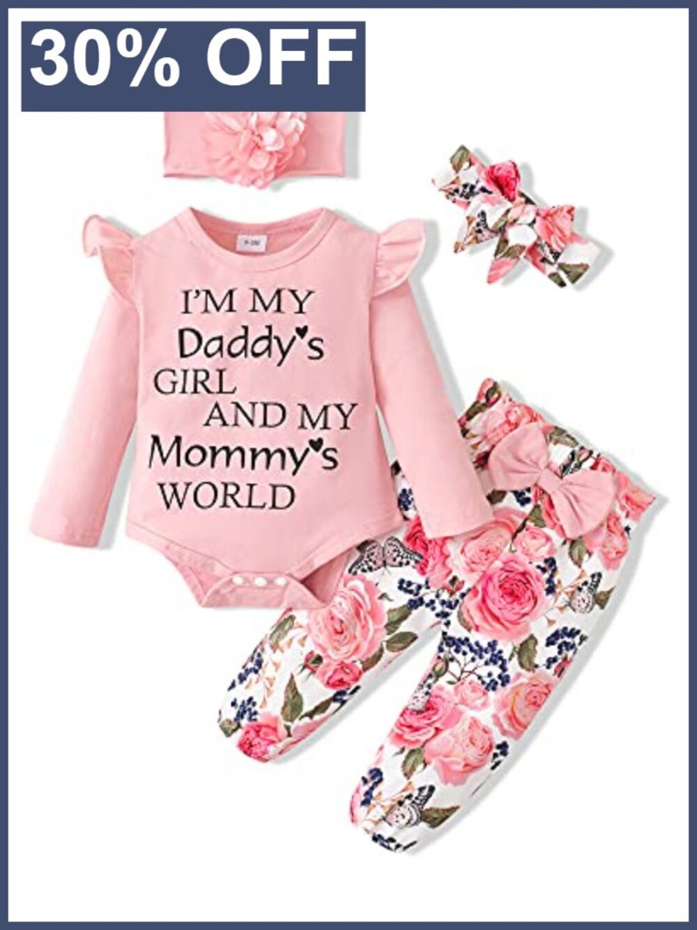 4PC Baby Girl Cotton Romper Floral Pants Outfit Set Headband